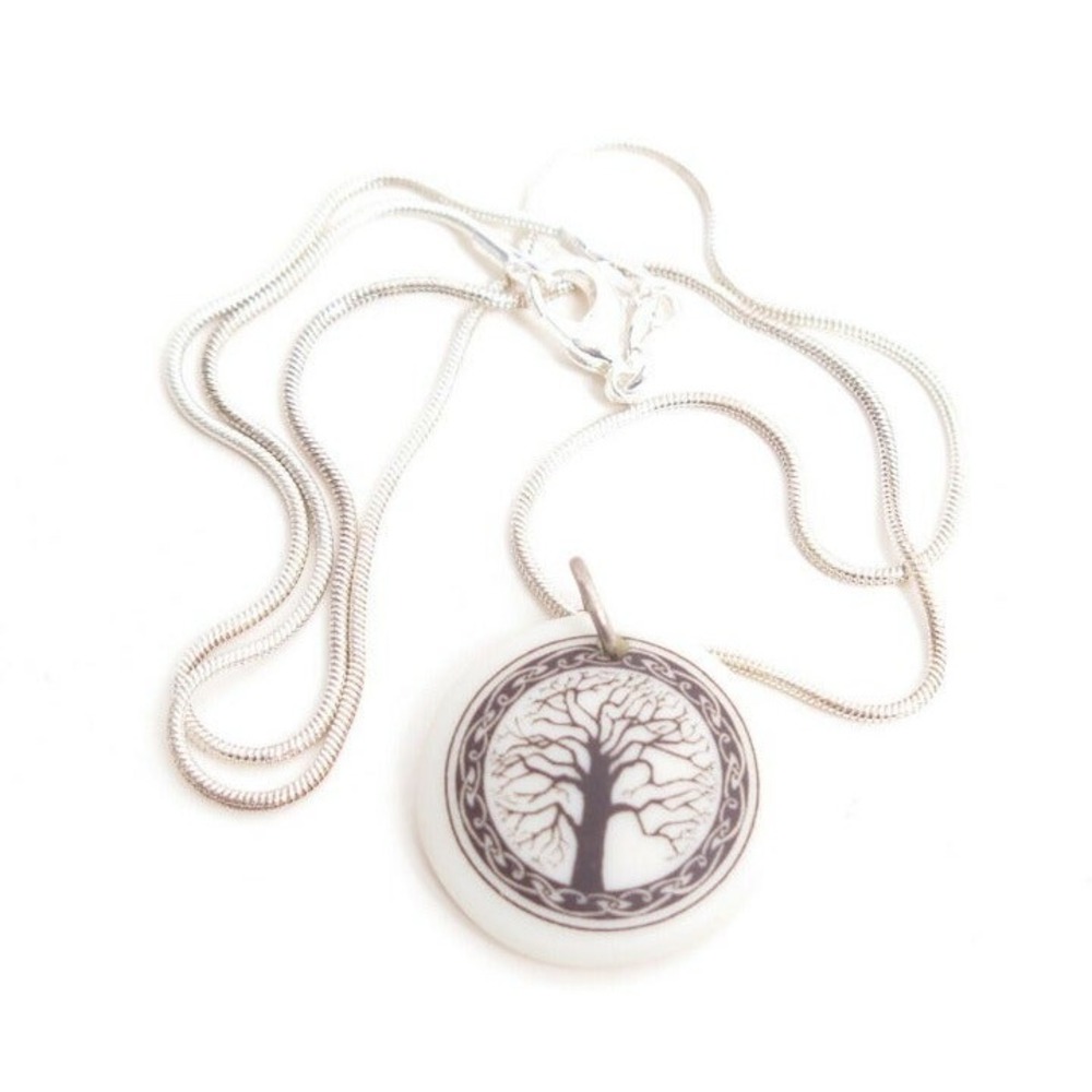 Sterling Silver Tree of Life Ceramic Pendant 925 Chain Necklace